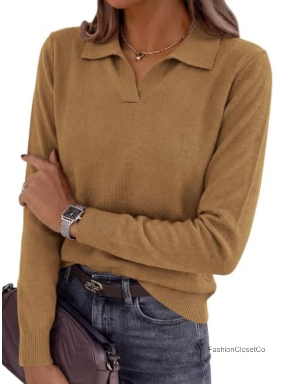 Women's Long Sleeve Collared Polo Knit Sweater Relaxed Fit Pullover Winter